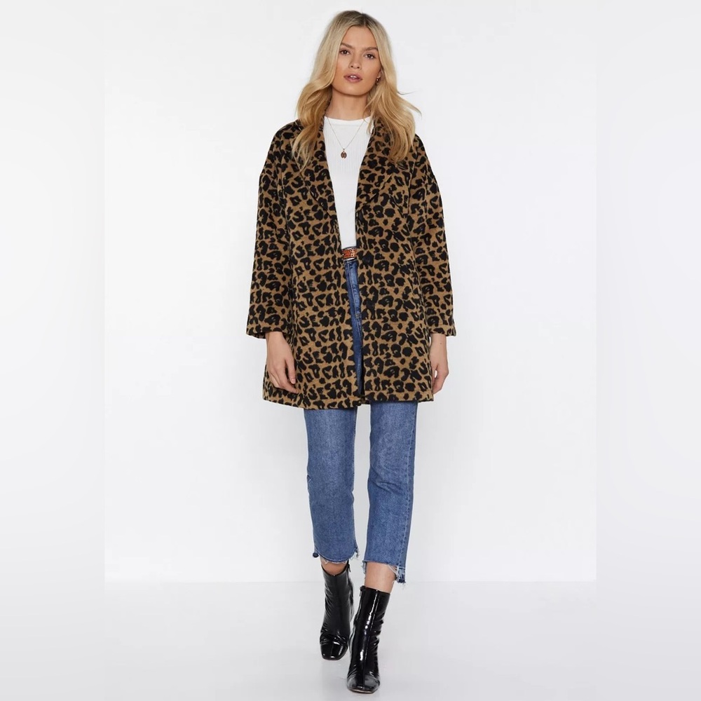 Nasty Gal Long Line Faux Fur Leopard Print Coat Size Medium
